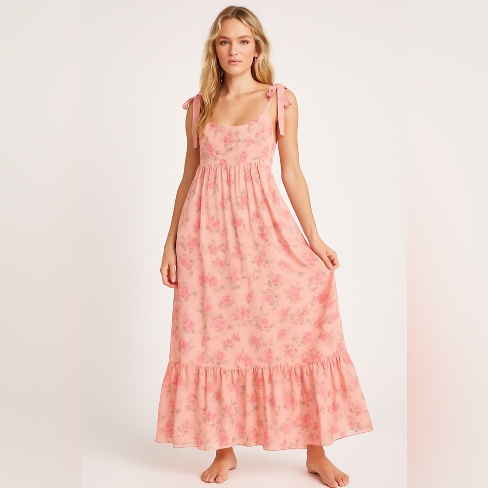 NWT Aureum Pink Floral Tie Strap Maxi Dress Women’s Medium Layered Ruffle Hem